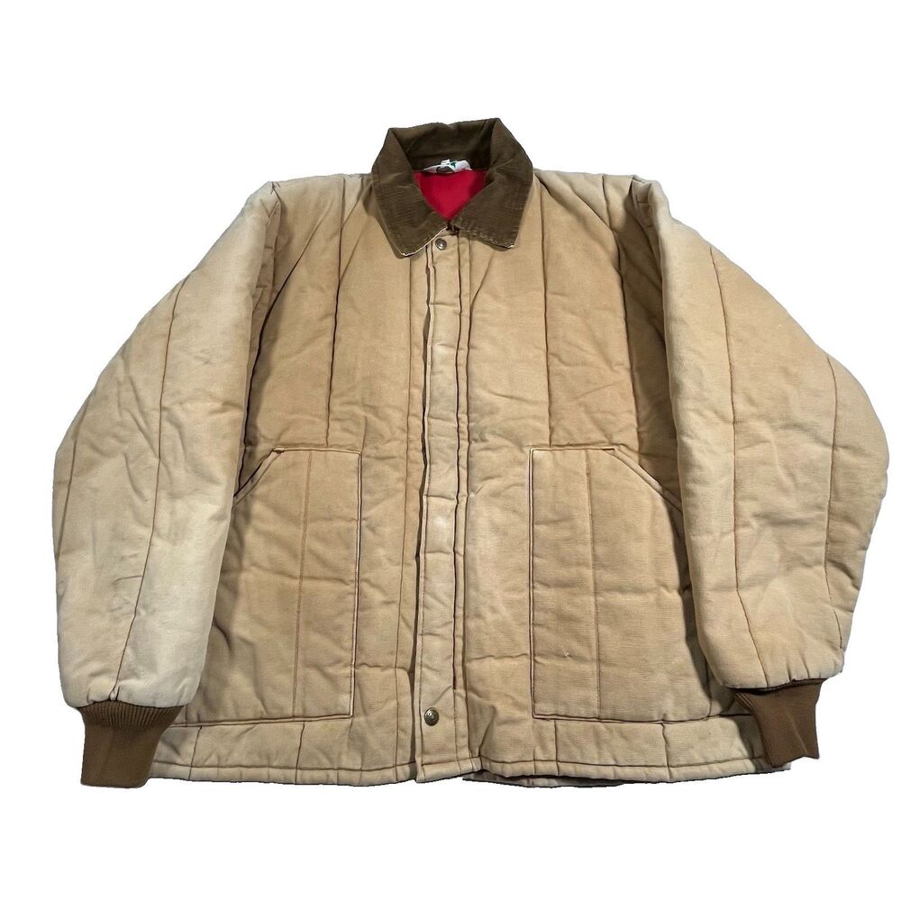 Vintage 90s Key Tan Canvas Work Jacket XL Corduroy Collar Quilted Lined